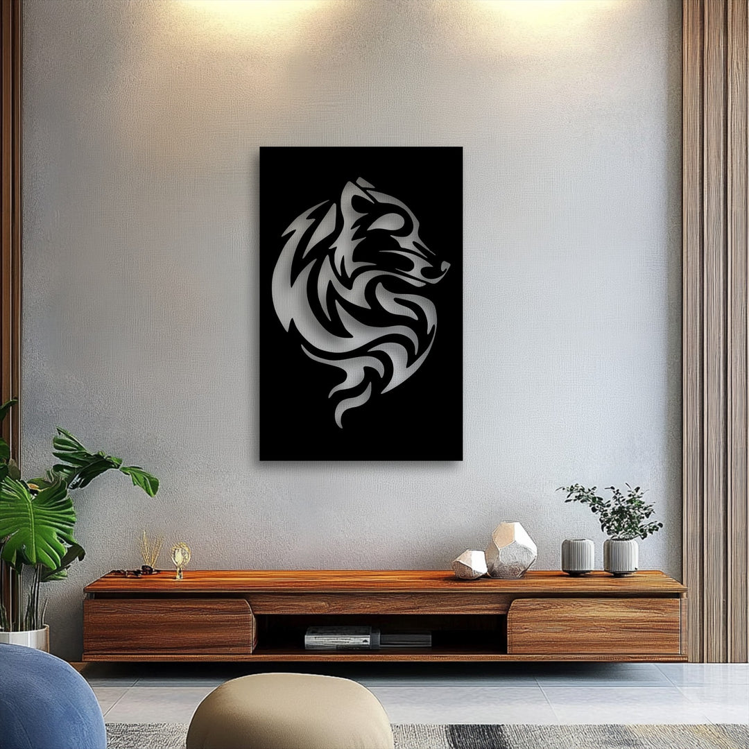 The balanced color temperature of this modern room highlights the striking Tribal Wolf Swirl decorative metal art piece.
