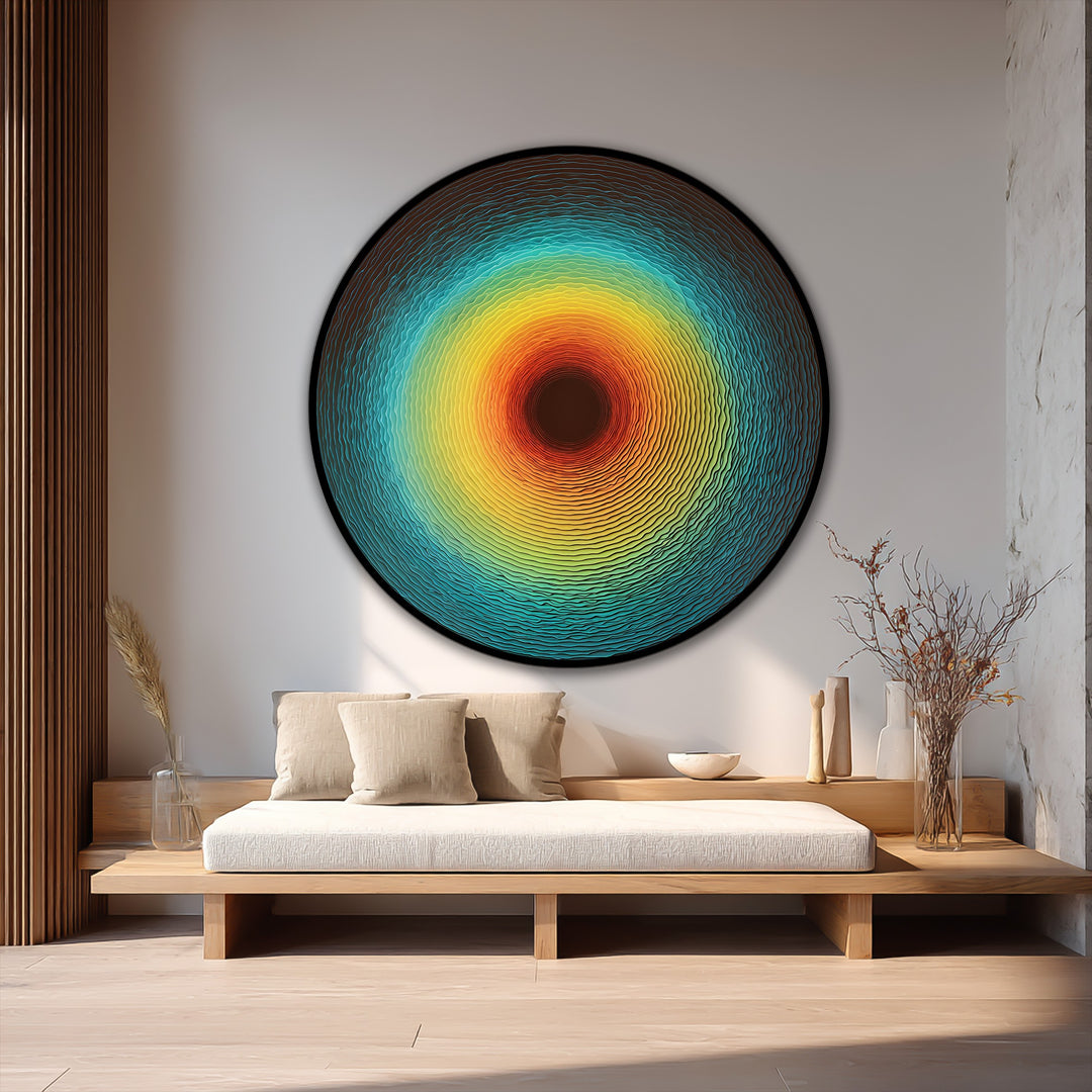Exhibiting the realistic detail, this radiant Solar Pulse Disc displays modern oil painting art, revealing a textured abstract round design with concentric color gradients.