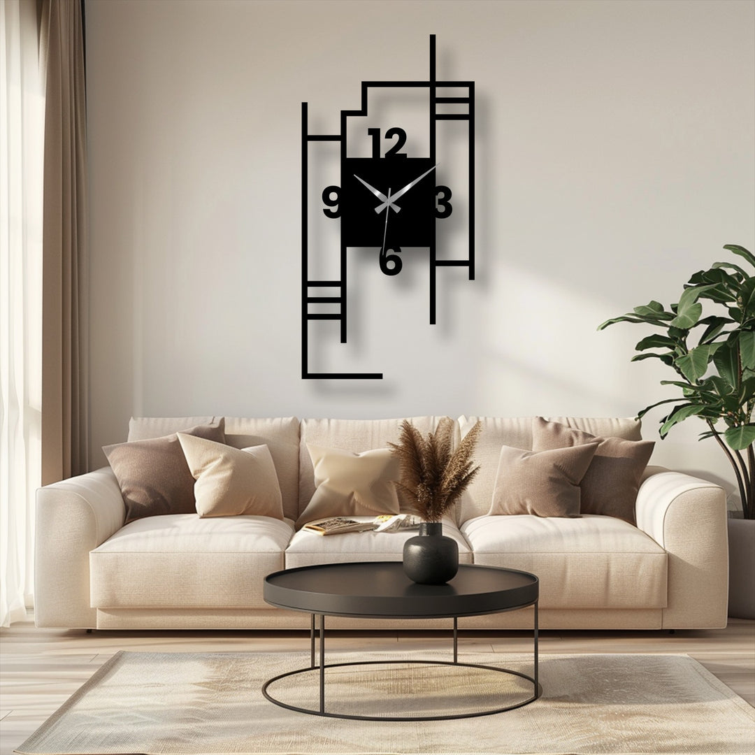 Brightest area highlights the sleek design of the modern city skyline metal wall clock, a unique metal wall art piece featuring geometric shapes.