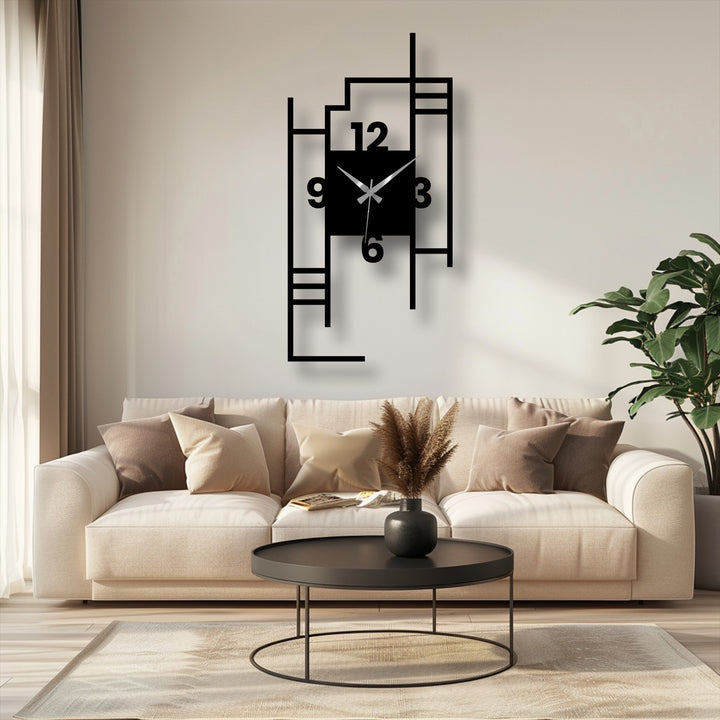 Brightest area highlights the sleek design of the modern city skyline metal wall clock, a unique metal wall art piece featuring geometric shapes.