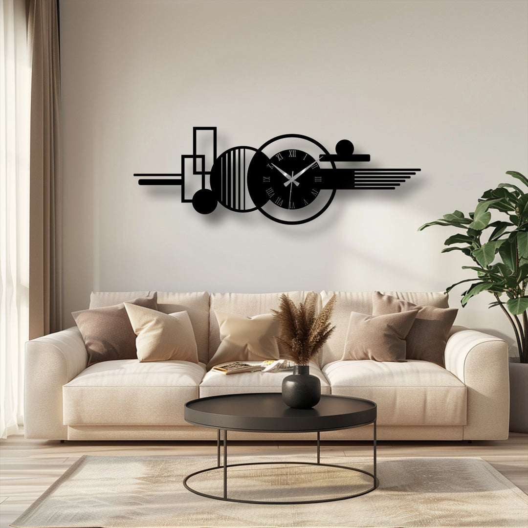 Alternating light and shadow accentuate the decoration wall art of this modern abstract metal wall clock, highlighting its geometric and horizontal design on the wall.