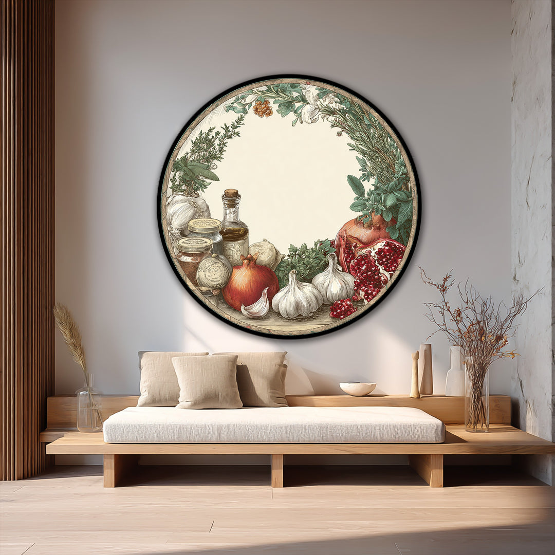 Illustrating the organic forms of garlic, pomegranates, herbs, and preserved goods in this rustic kitchen harvest round oil painting artwork.