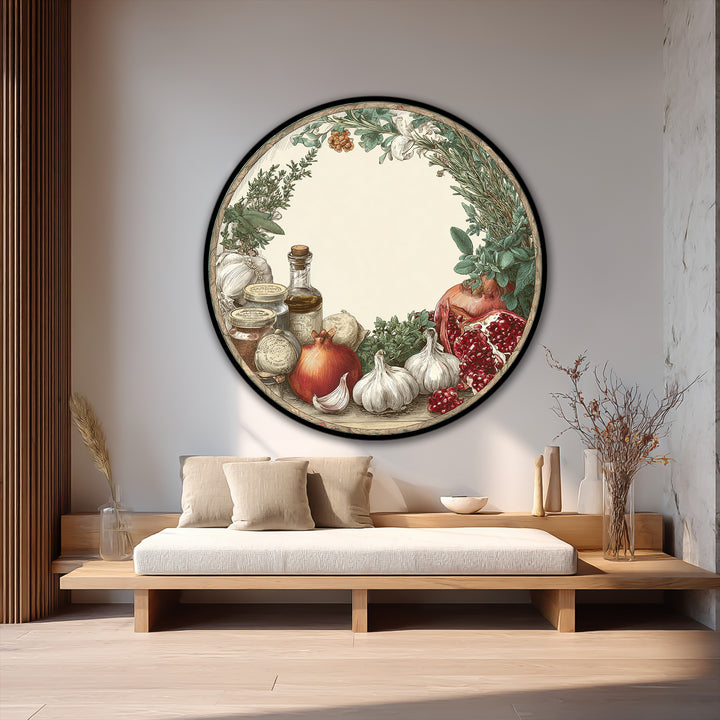 Illustrating the organic forms of garlic, pomegranates, herbs, and preserved goods in this rustic kitchen harvest round oil painting artwork.