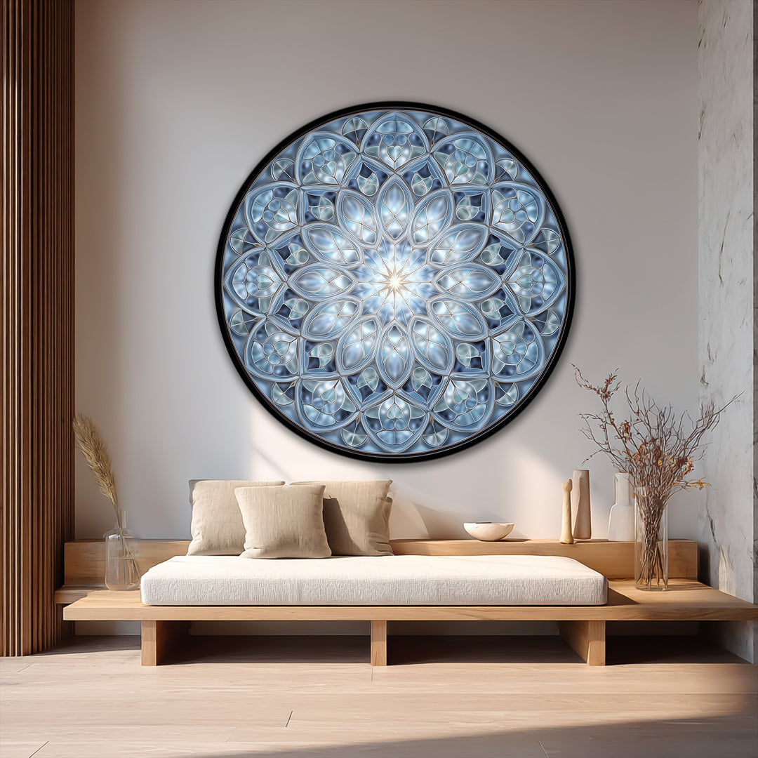 Armonía Cristalina – Mandala Azul Redonda Cuadro al óleo sobre madera