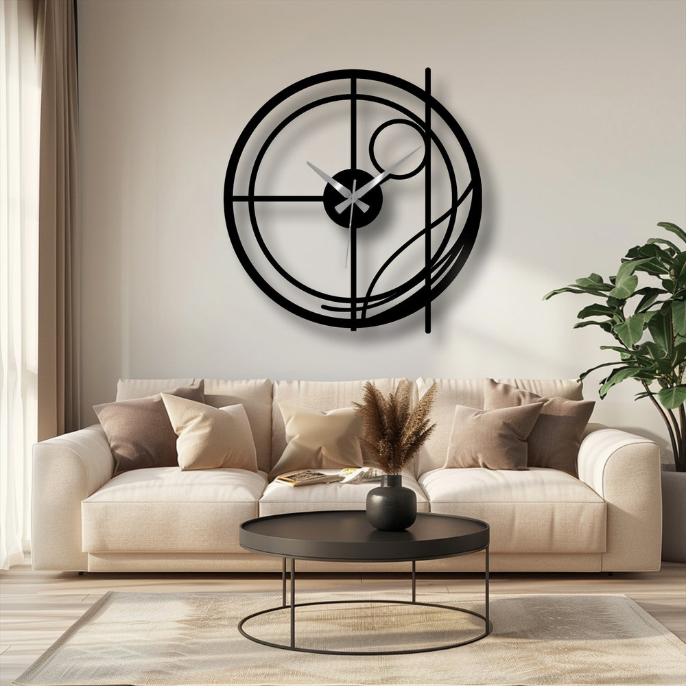 Negative space shapes the abstract circular line modern metal wall clock, highlighting its unique metal wall art design and the balance between form and void.
