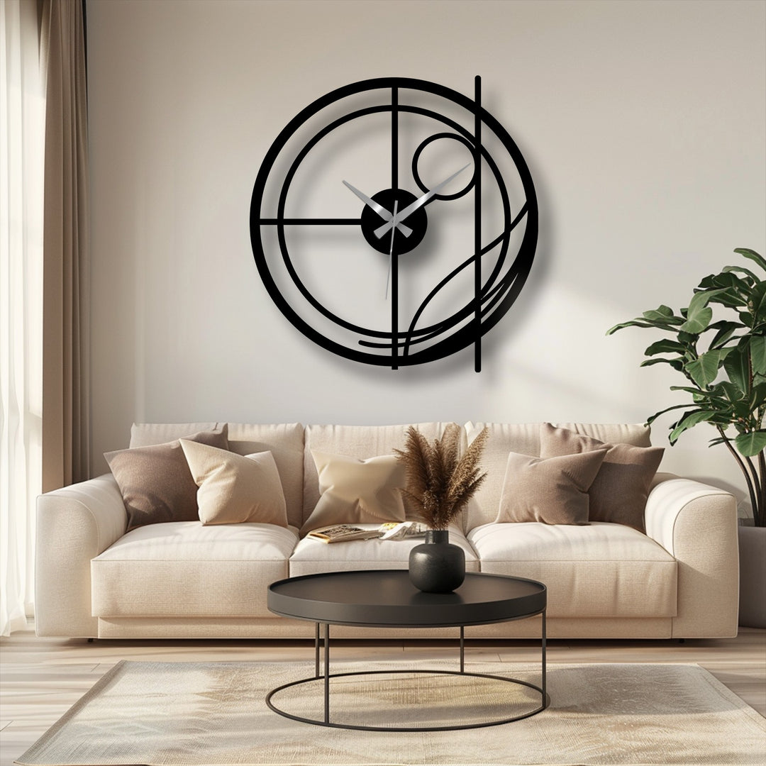 Negative space shapes the abstract circular line modern metal wall clock, highlighting its unique metal wall art design and the balance between form and void.