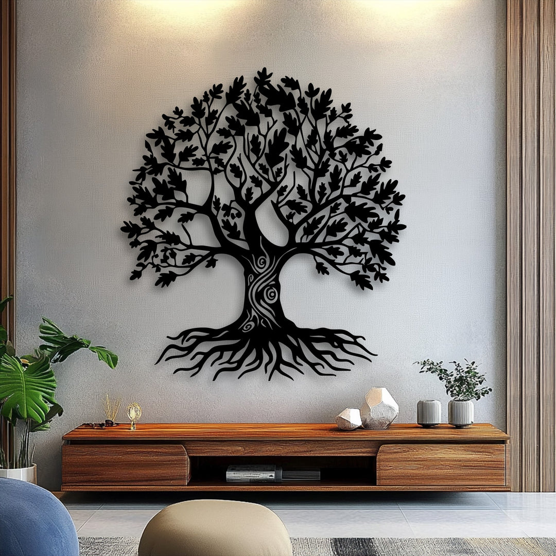 The illuminated textured wall highlights the intricate black Tree of Life metal decoration wall art, creating a radiant focal point above a wooden console.