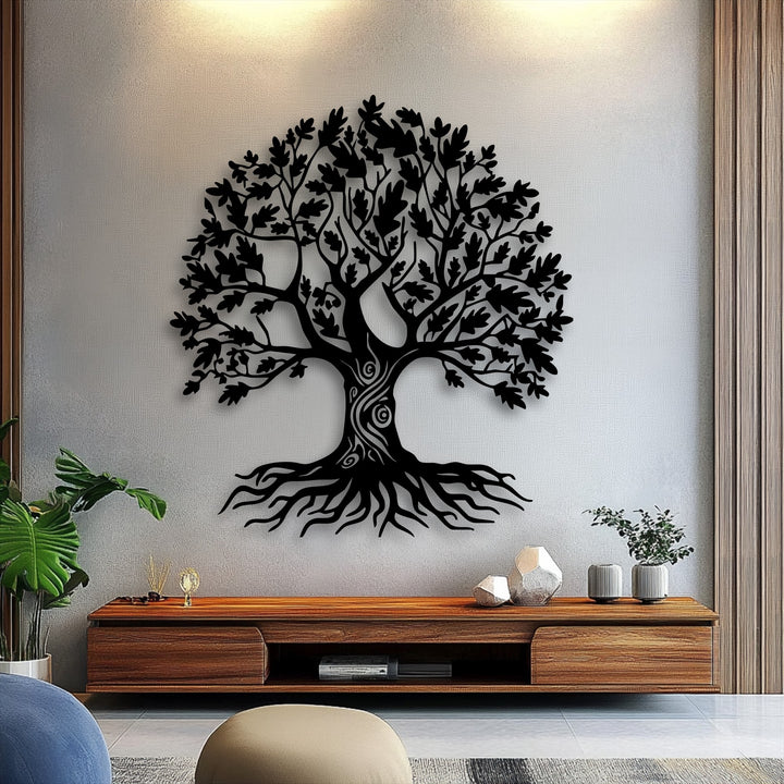 The illuminated textured wall highlights the intricate black Tree of Life metal decoration wall art, creating a radiant focal point above a wooden console.