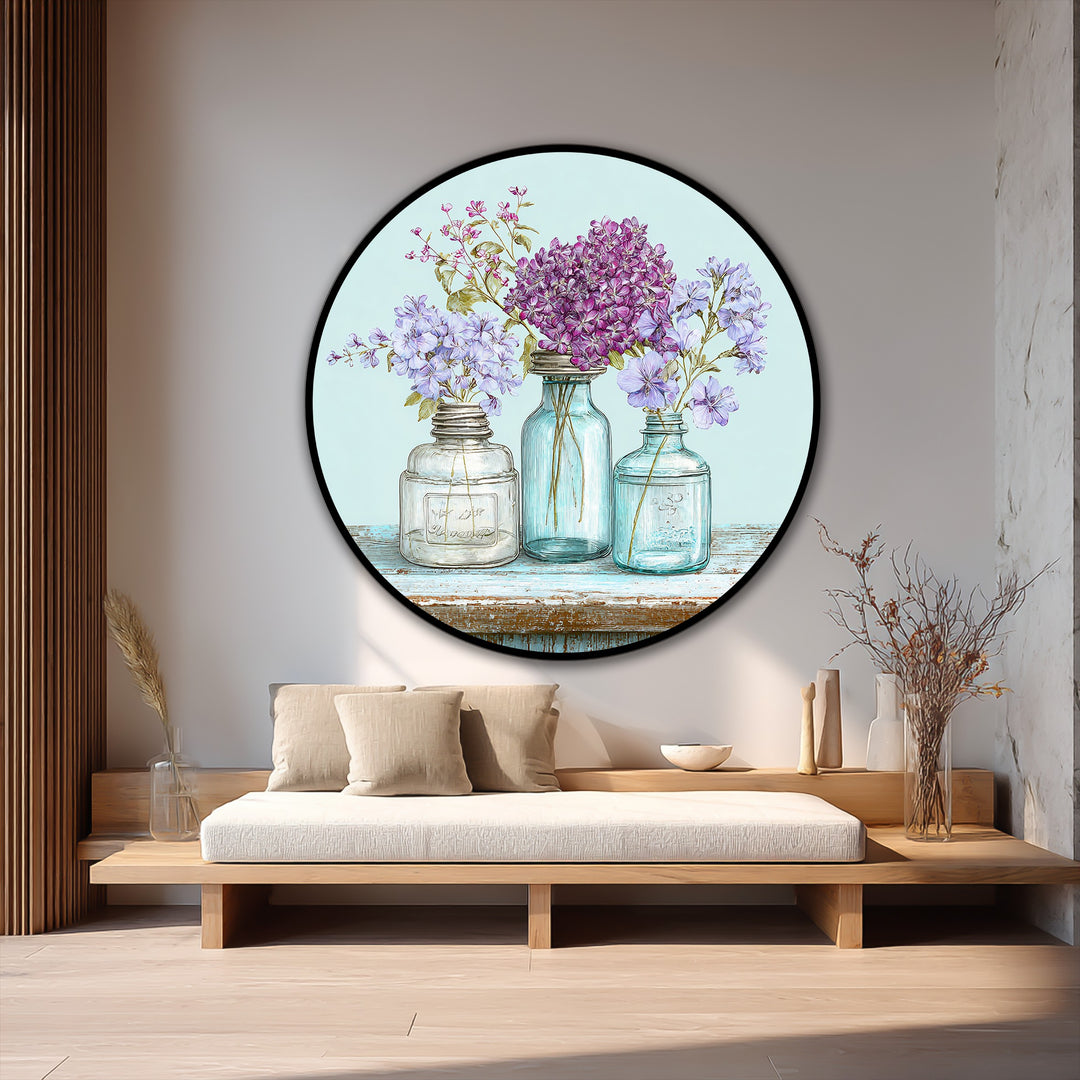 Glossy, textured finish enhances the light and colors of this 'Pastel Wildflower Jars' oil painting wall art, framed in a smooth, dark border.