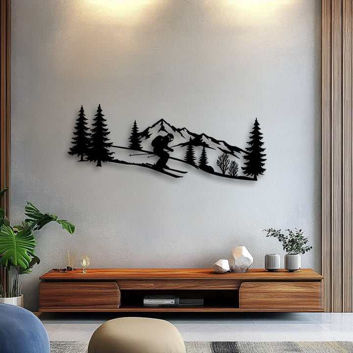 Plush, soft fabric on foreground seating subtly complements the striking Skier Mountain metal wall decor, showcasing an Alpine adventure scene.