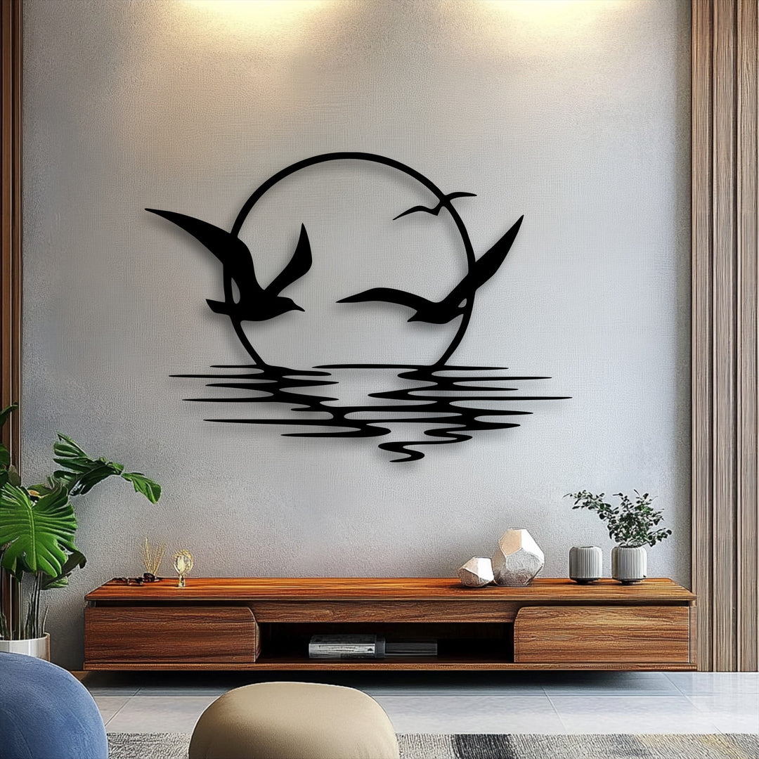 The organic forms of elegant soaring seagulls and rippling waves create a captivating metal decoration wall art.