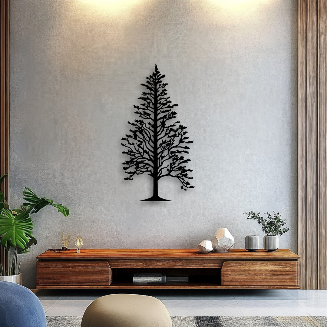 Vertically oriented, this majestic pine tree silhouette metal art for wall showcases an intricate, tall, and slender tree shape.