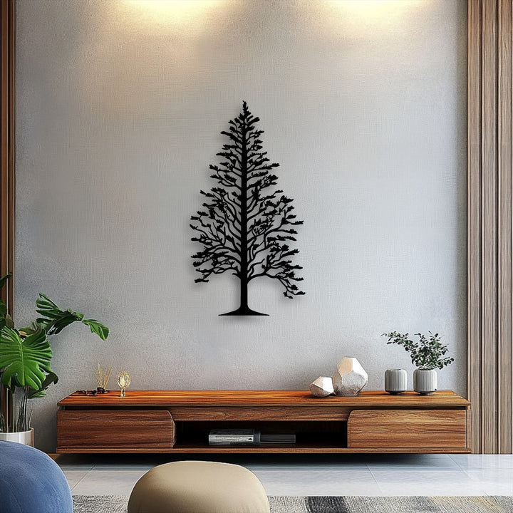 Vertically oriented, this majestic pine tree silhouette metal art for wall showcases an intricate, tall, and slender tree shape.