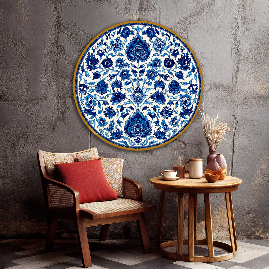 Brightest area highlights the big canvas prints showcasing the blue floral mandala round canvas print, an elegant and classic decorative wall art piece.