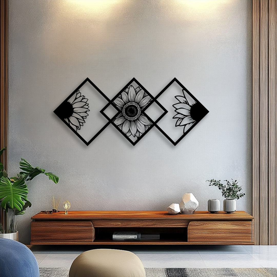 Striking organic forms of three geometric sunflower unique metal wall art pieces create a modern floral panel display.