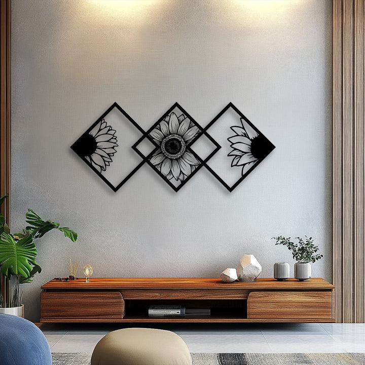 Striking organic forms of three geometric sunflower unique metal wall art pieces create a modern floral panel display.