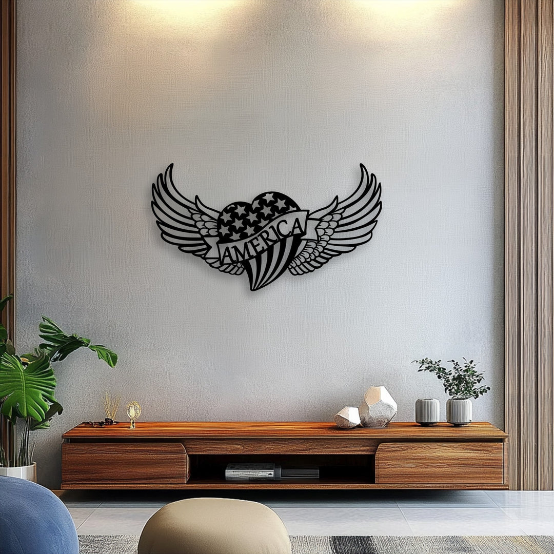 The striking geometric outline of a winged American heart, adorned with stars and an 'AMERICA' banner, forms a captivating piece of decorative metal art.