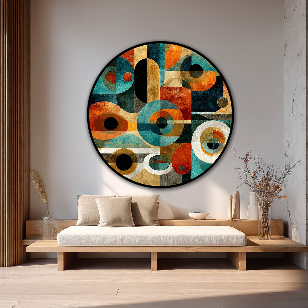 Smooth color transitions highlight the geometric shapes in this retro abstract round oil painting, offering unique oil painting decoration for any space.