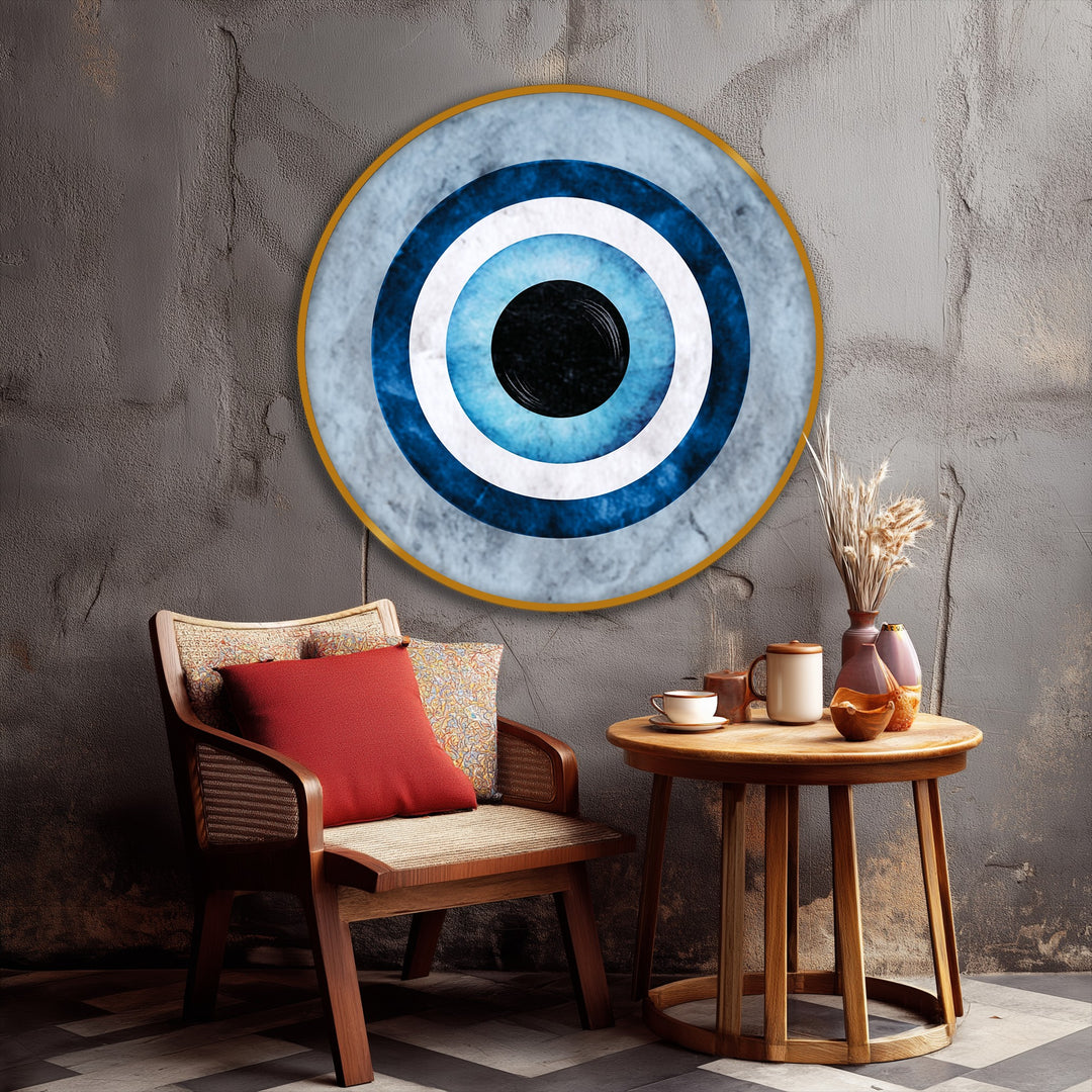 Smooth transition between the protective blue, white, and black shades in this round evil eye canvas artwork, a striking piece of canvas artwork.