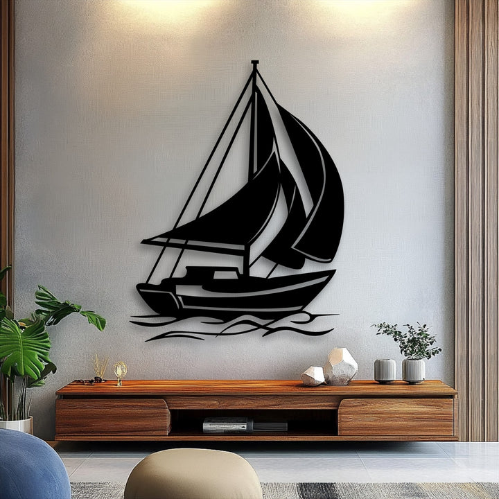 A prominent black silhouette of a sailing boat, a piece of decorative metal art, with billowing sails, depicted on stylized waves.
