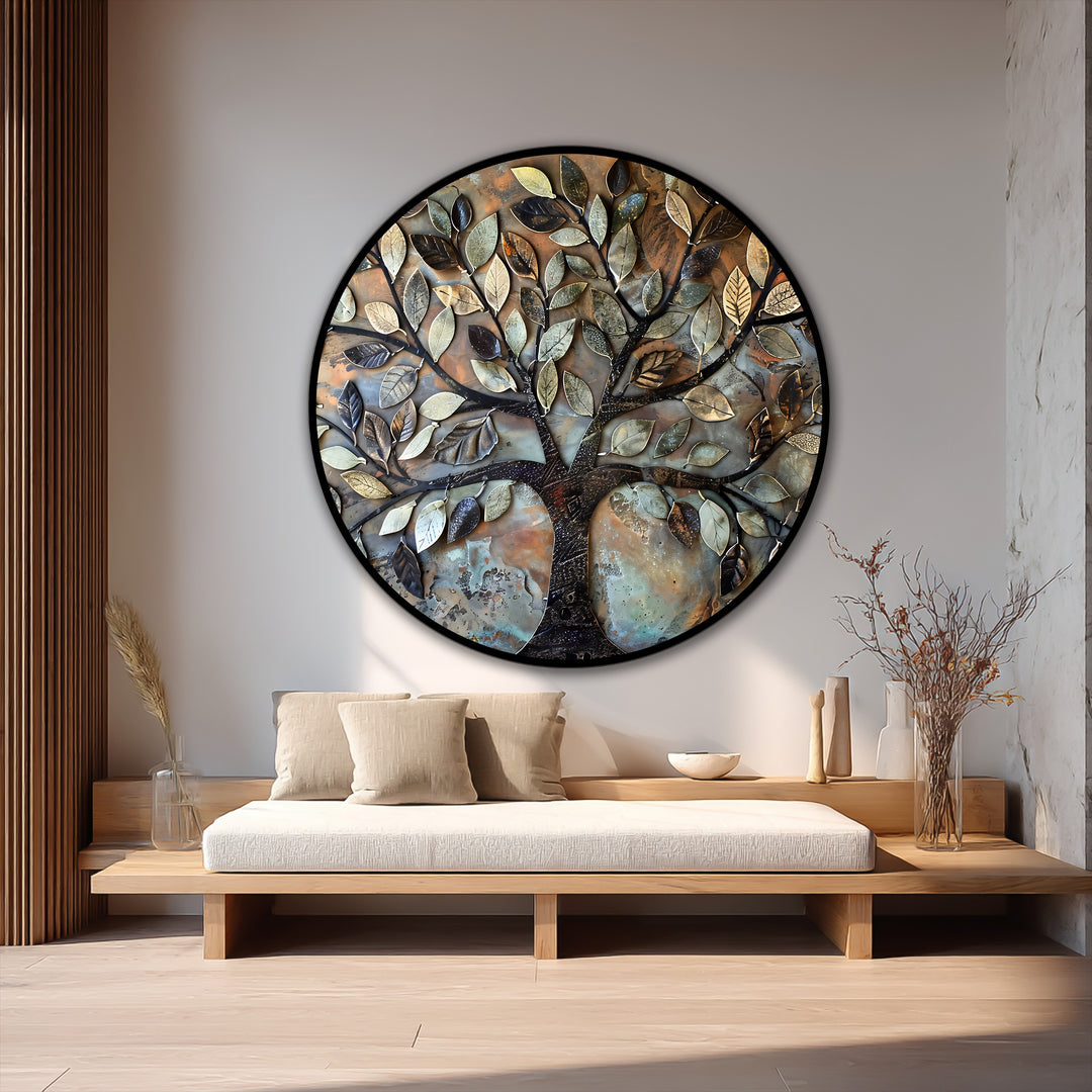 Textured metal leaves are the loudest element of this round Rustic Harmony tree oil painting home decor, adding a modern, earthy touch to the wall art.