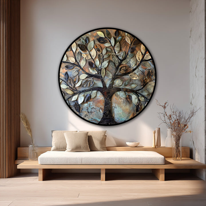 Textured metal leaves are the loudest element of this round Rustic Harmony tree oil painting home decor, adding a modern, earthy touch to the wall art.