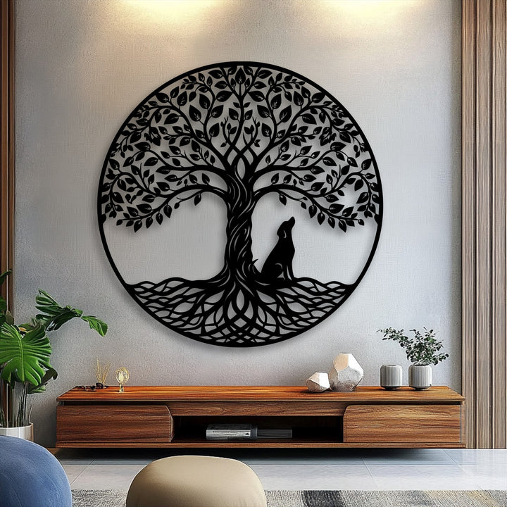 The superb material quality is evident in this unique metal wall art, portraying a detailed Tree of Life with a watchful wolf silhouette.