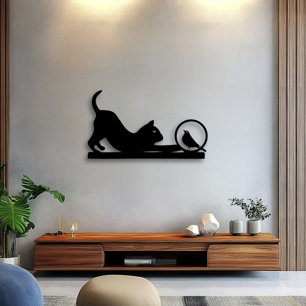 Focusing on realistic detail, this playful cat and curious bird silhouette metal art for wall shows precise cuts against a subtle gray wall.