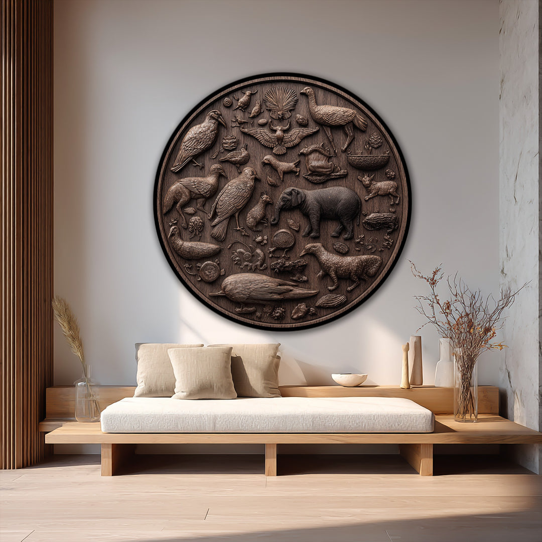 Negative space highlights the carved animals in this round oil painting on wood, a striking example of modern oil painting art with rustic elegance.