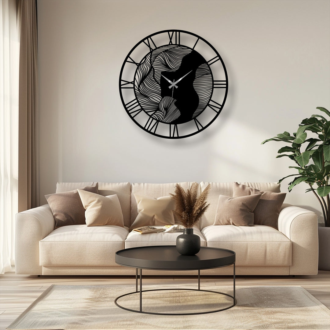 The background is a muted cream color creating a calming backdrop for the abstract wave metal wall clock with roman numerals, emphasizing its role as a unique metal wall art.