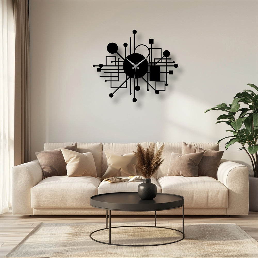 The stillness of the room is accentuated by the abstract network metal wall decor clock, its geometric lines suggesting a modern yet paused moment in time.