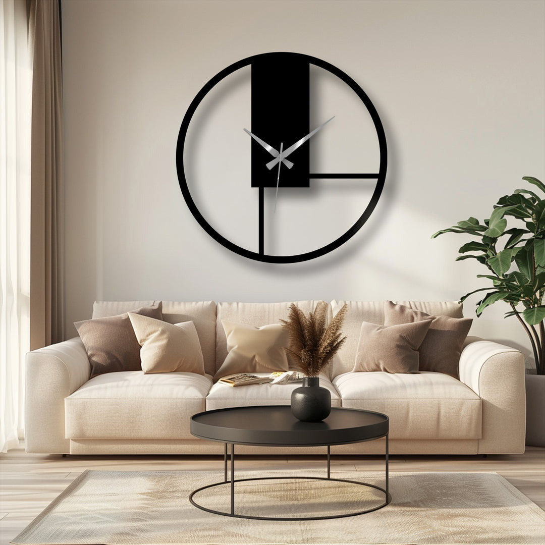 The minimalist background complements the minimal geometric panel metal wall clock to create an excellent home decoration idea for modern spaces.
