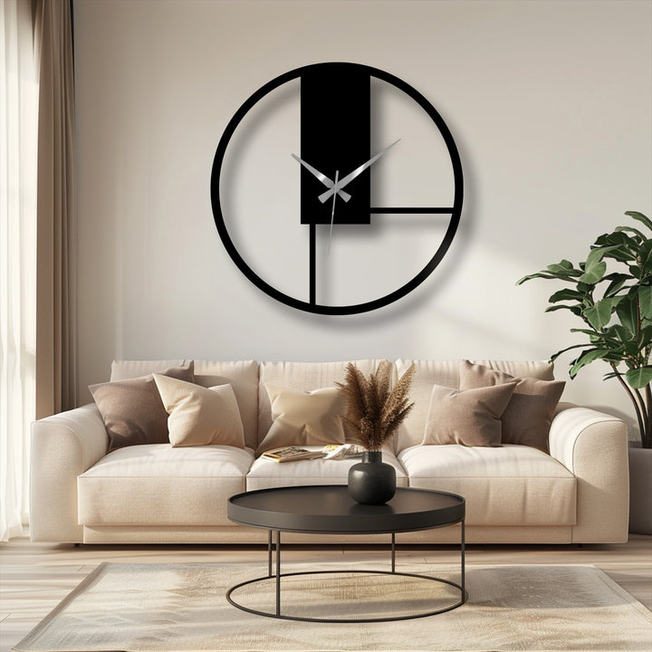 The minimalist background complements the minimal geometric panel metal wall clock to create an excellent home decoration idea for modern spaces.