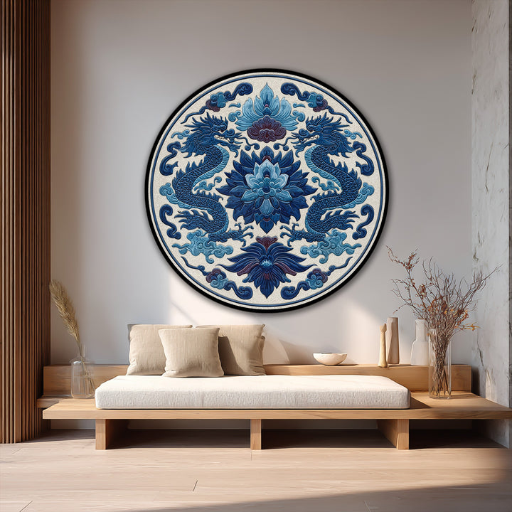 Subtle light and shadow accentuate the round, royal blue twin dragons and floral motifs of this elegant oil painting art prints, adding depth to the oriental-style design.