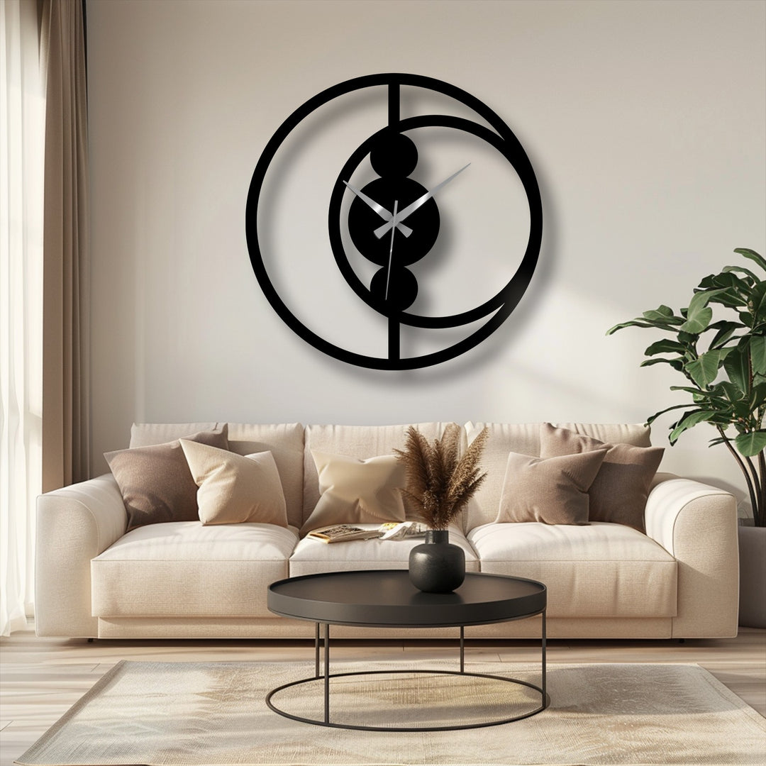 Black is the dominant color in this abstract circular metal art for wall clock, a modern minimalist decorative piece with a striking geometric design.