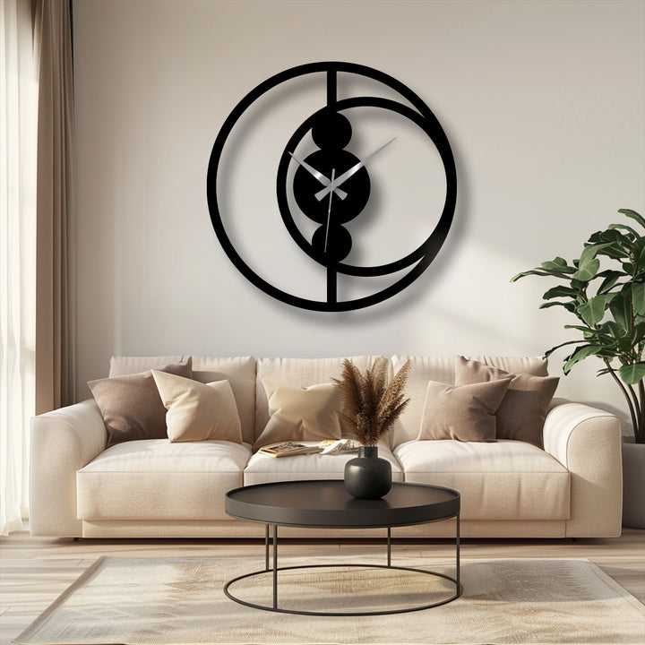 Black is the dominant color in this abstract circular metal art for wall clock, a modern minimalist decorative piece with a striking geometric design.