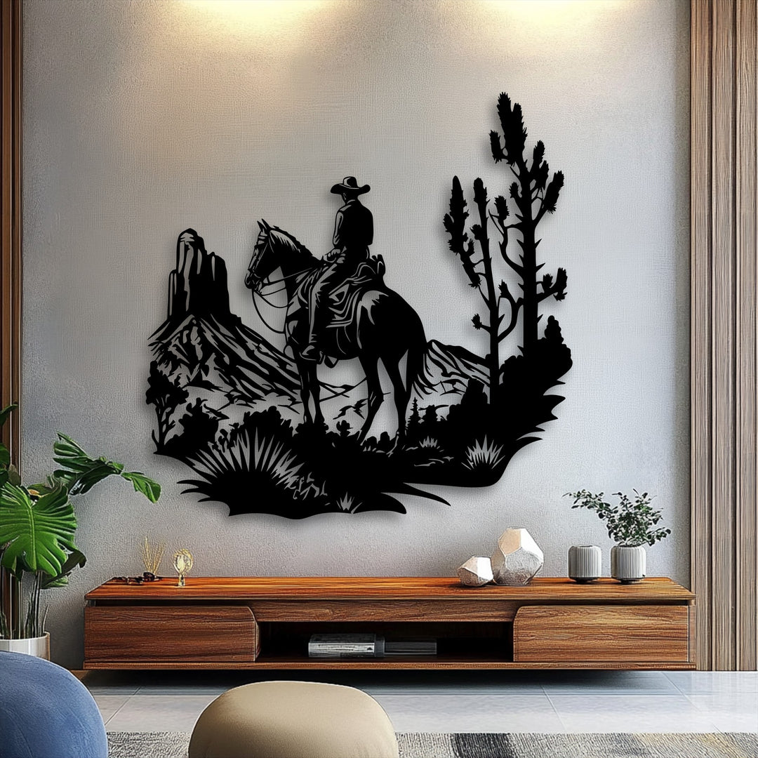 The stillness of the desert landscape is captured in this metal decoration wall art, featuring a lone cowboy on horseback.