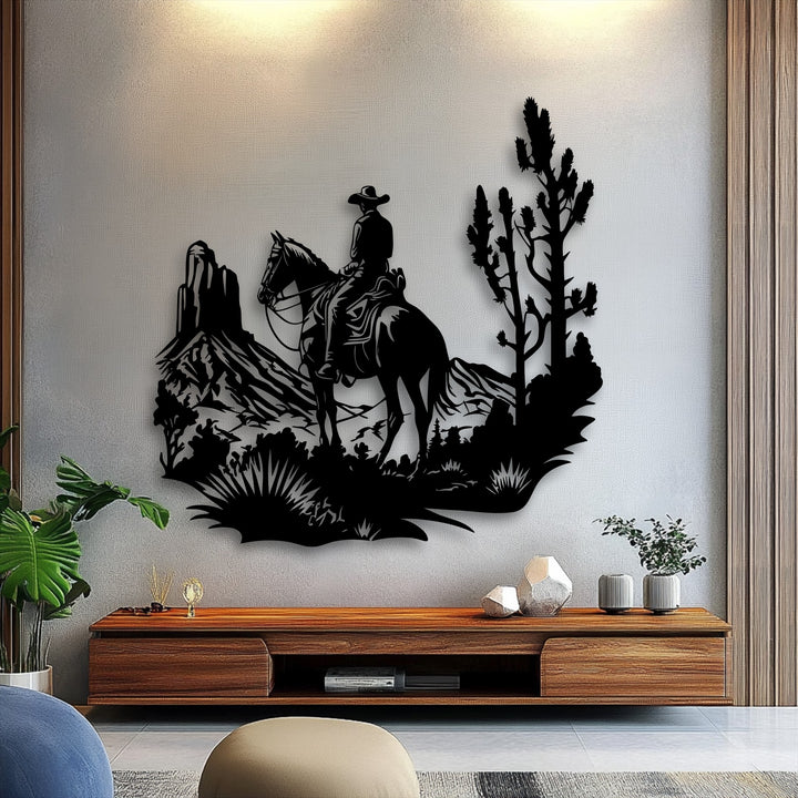 The stillness of the desert landscape is captured in this metal decoration wall art, featuring a lone cowboy on horseback.