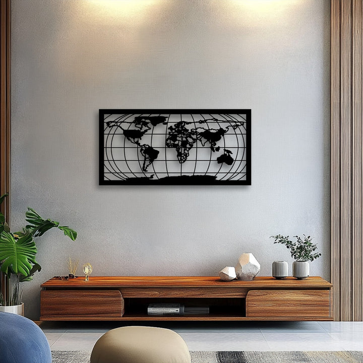 Bold color contrast highlights the black World Map Grid Silhouette modern metal wall art against the pale wall, creating captivating decoration wall art.