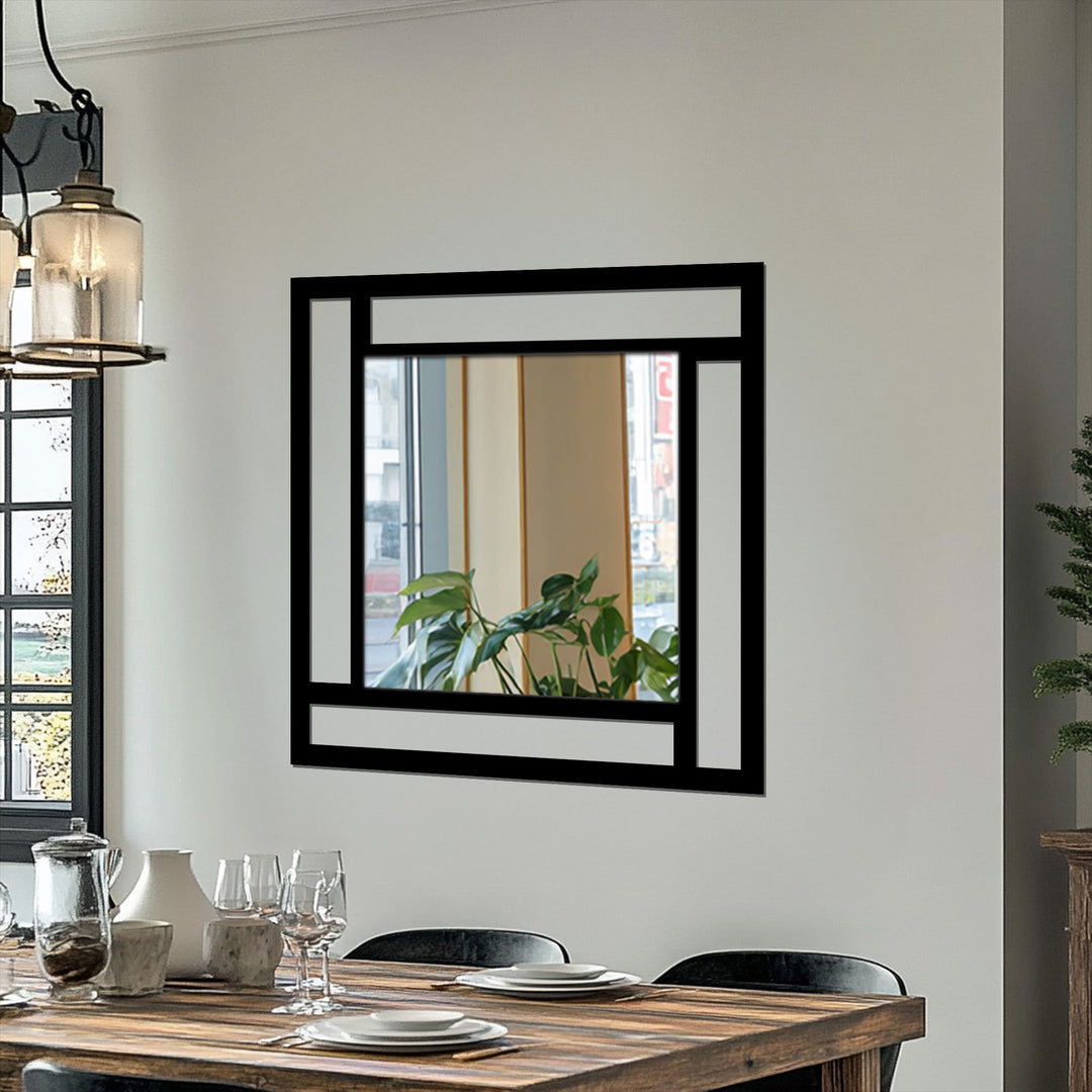 Horizontally oriented, square mirror for wall decor featuring a geometric black frame composed of intersecting lines, creating a modern metal design.