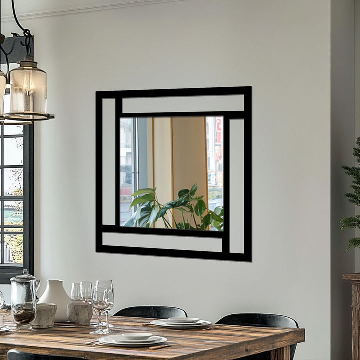 Horizontally oriented, square mirror for wall decor featuring a geometric black frame composed of intersecting lines, creating a modern metal design.