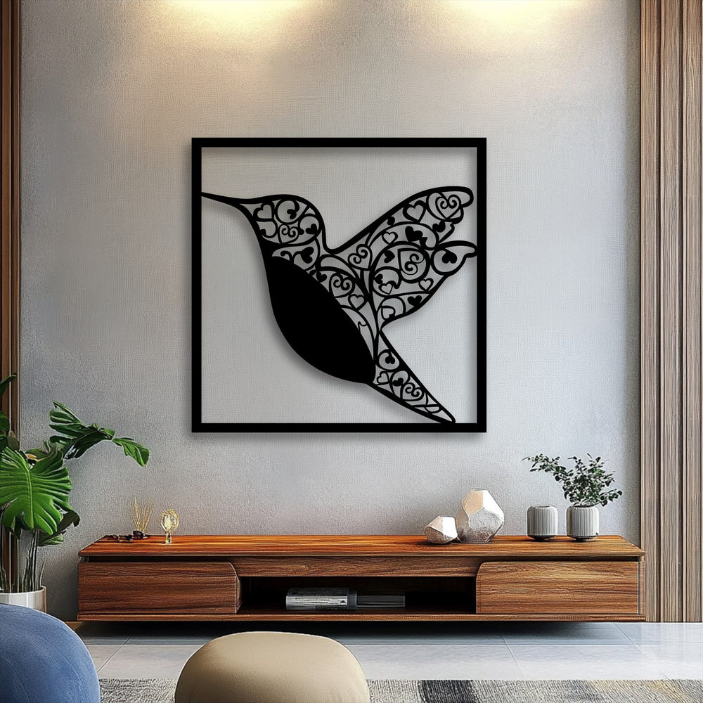The focal point is the striking black Heartwing Hummingbird metal art for wall, with its romantic filigree heart design.