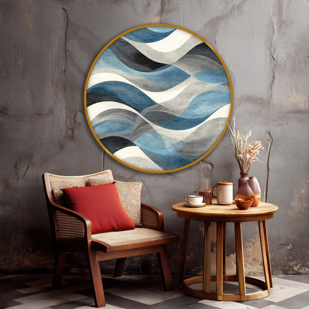 Impression sur toile ronde abstraite « Vagues bleues ondulantes » –Art mural côtier moderne