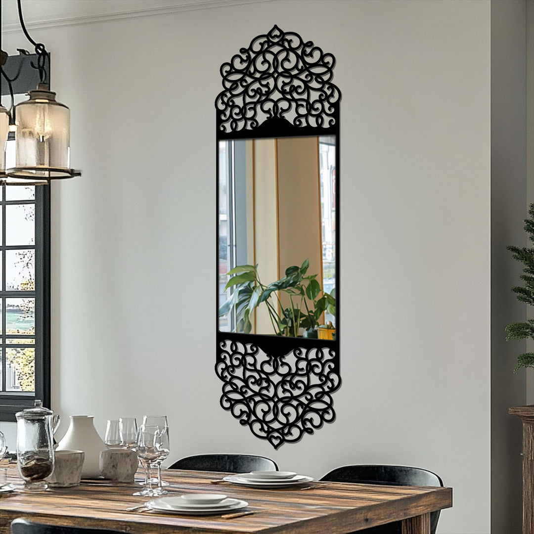 Negative space creates ornate patterns within this arabesque arch frame floor mirror's elegant black metal artwork design.