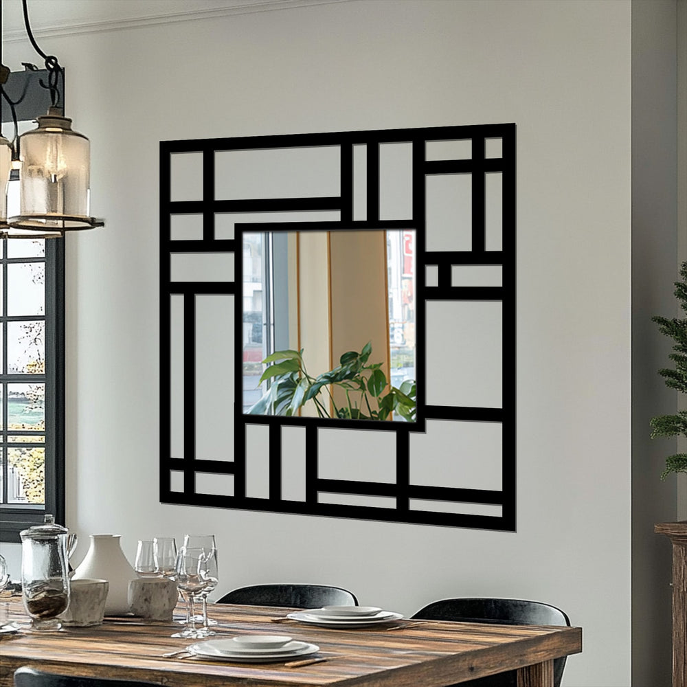 With a cool color temperature, this structured grid framed wall mirror features a modern geometric metal art for wall design that reflects natural light.
