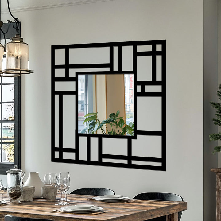 With a cool color temperature, this structured grid framed wall mirror features a modern geometric metal art for wall design that reflects natural light.