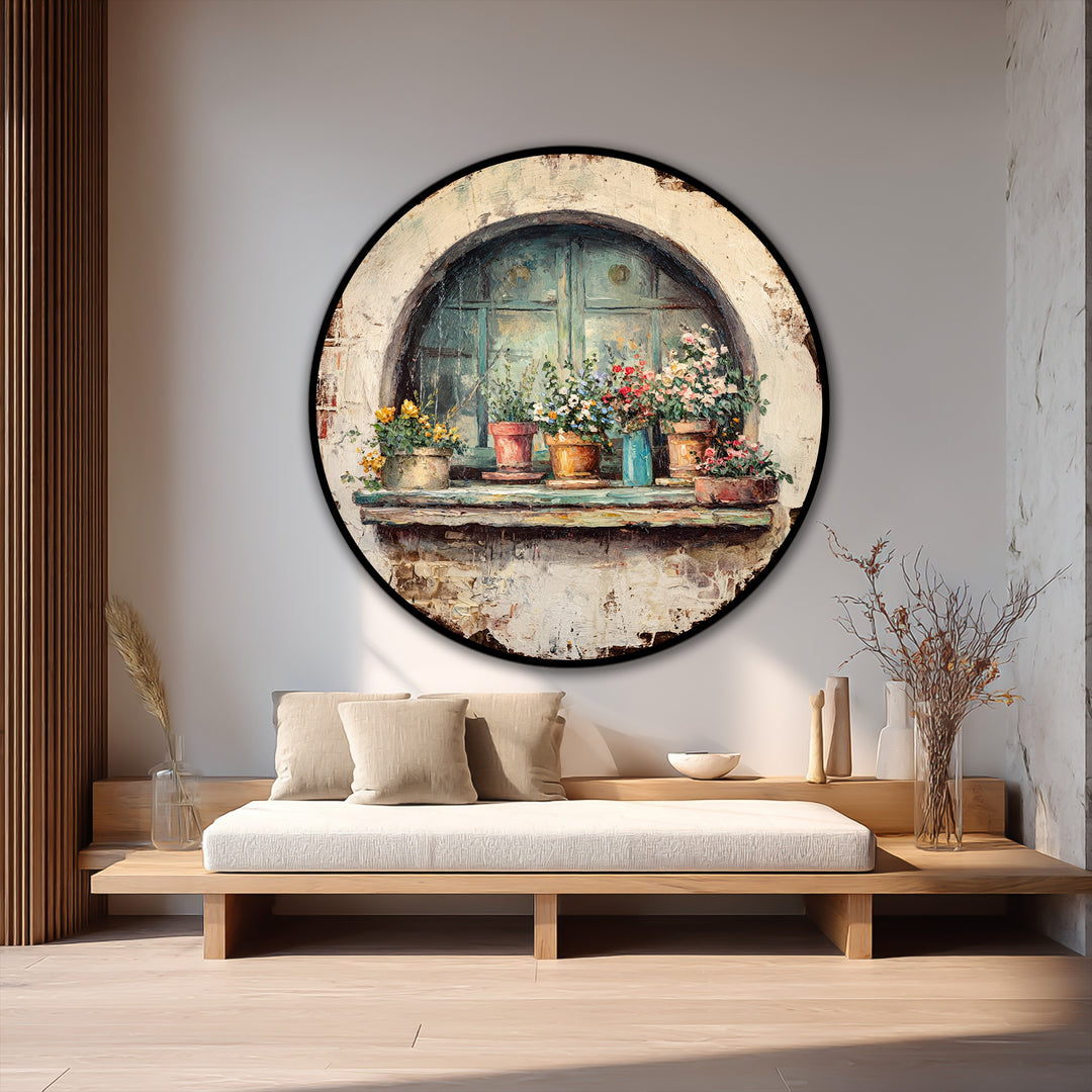 Detailed brushstrokes enhance the quality of this round oil painting decoration, depicting a rustic window with flower pots in a classical style.
