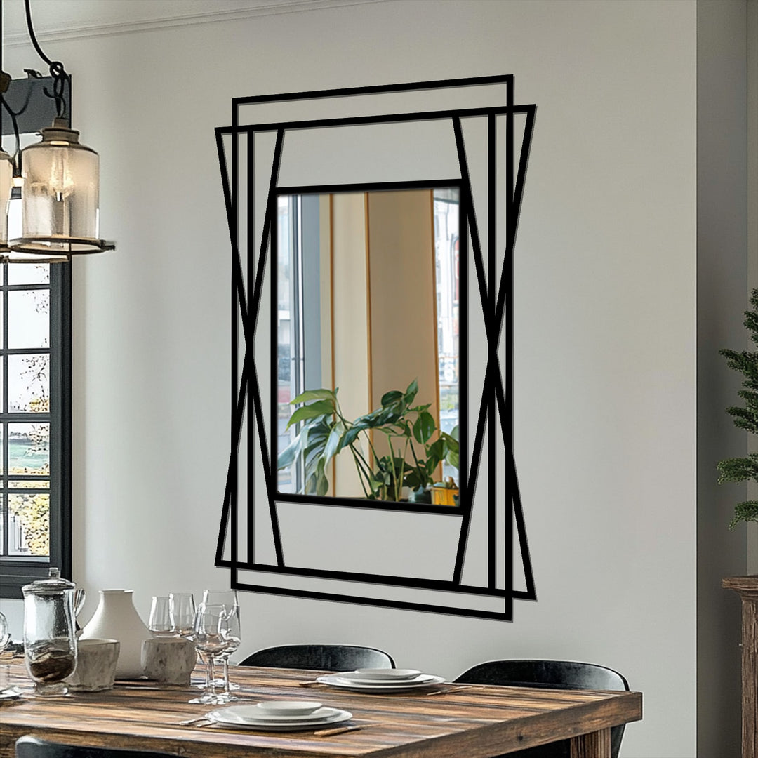Reflected light and indoor greenery are the softest elements within the layered symmetrical angular frame mirror for wall decor, creating a serene metal artwork.