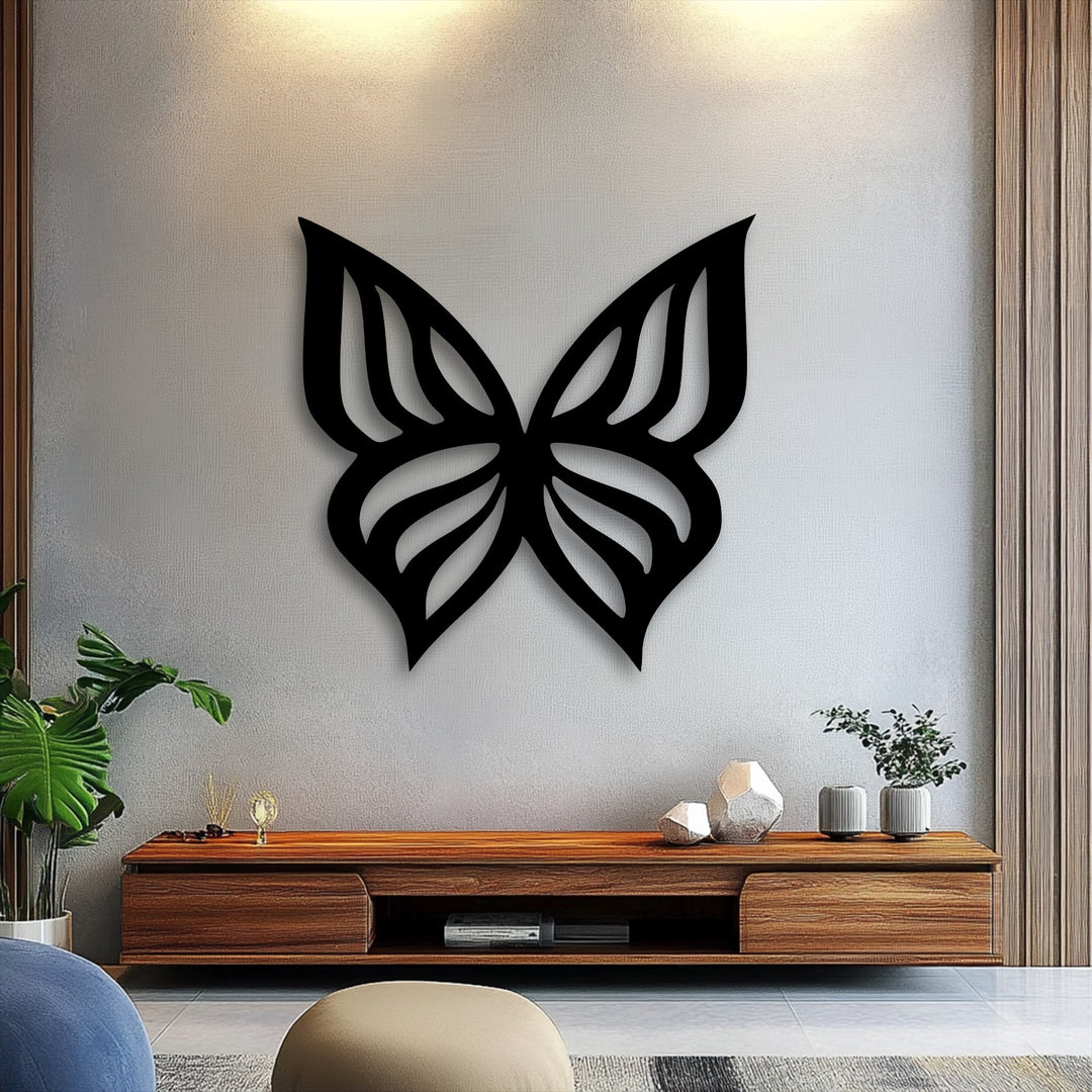 A warm ambiance radiates from the elegant butterfly silhouette decorative metal art, illuminating the subtle glow on the neutral-toned wall.