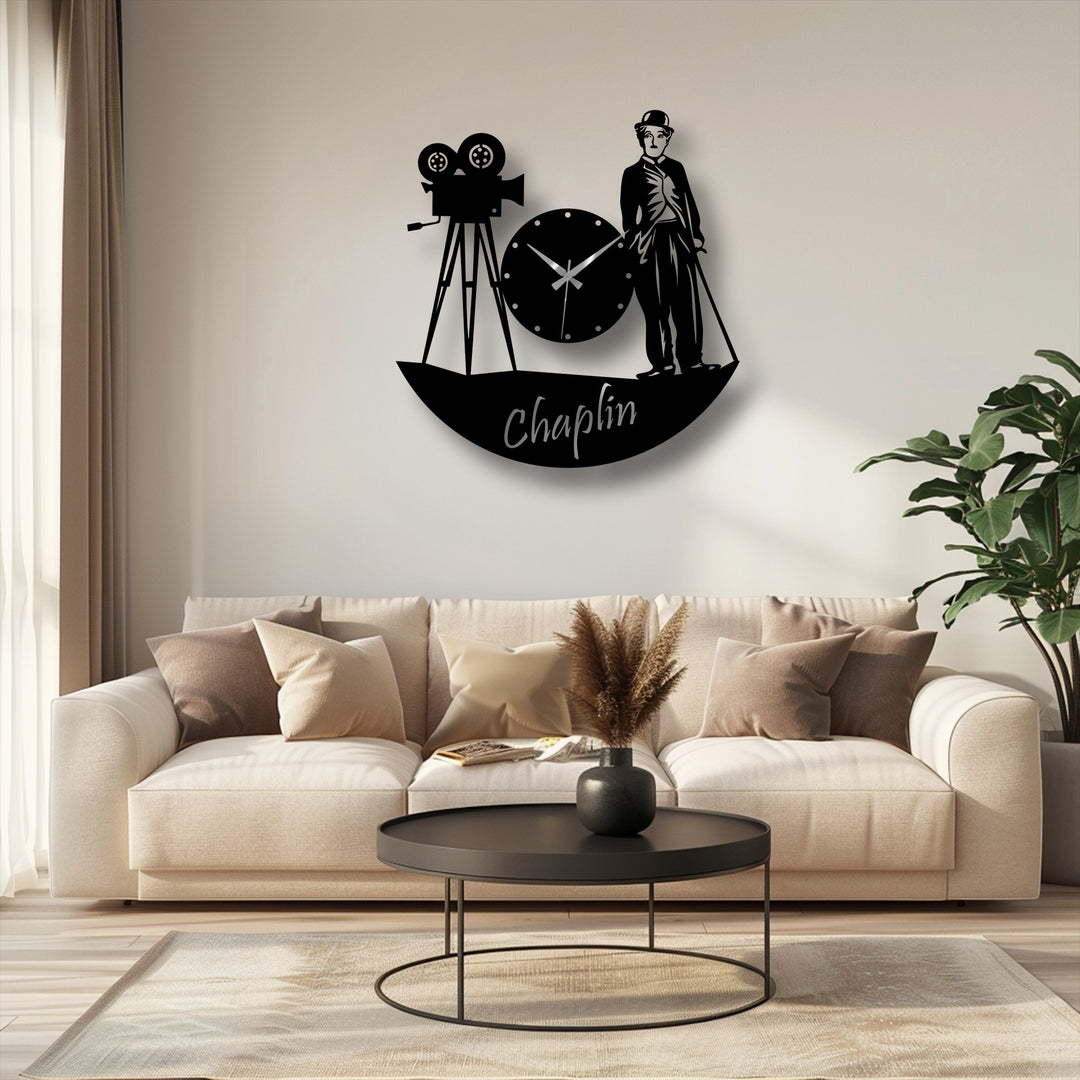 The focal point of this vintage cinema character metal wall clock captures a silent film style design, adding a unique touch of home decor.